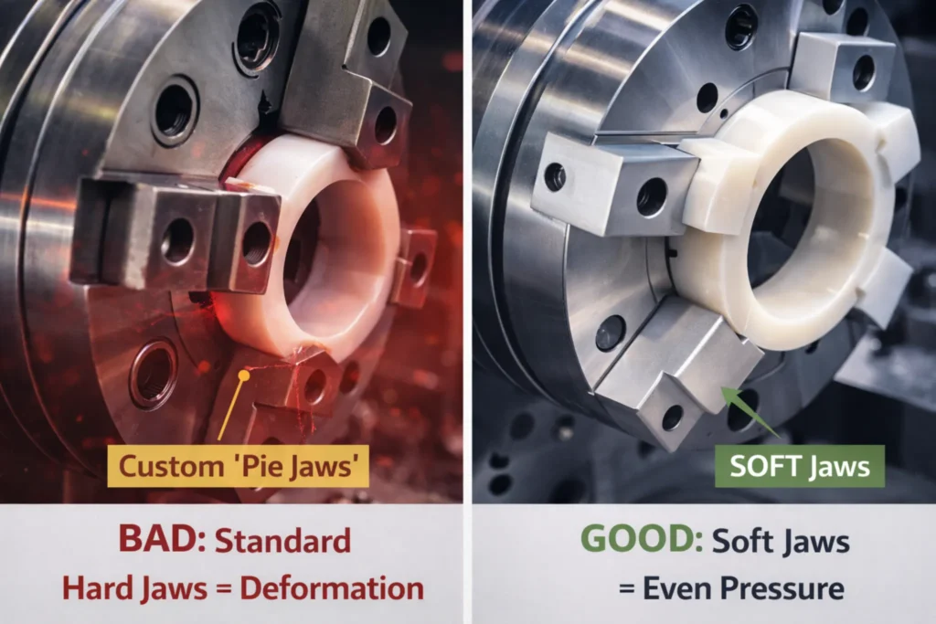 Comparison image showing the correct use of soft jaws (even pressure) versus the incorrect use of hard jaws (part deformation) for CNC machining nylon