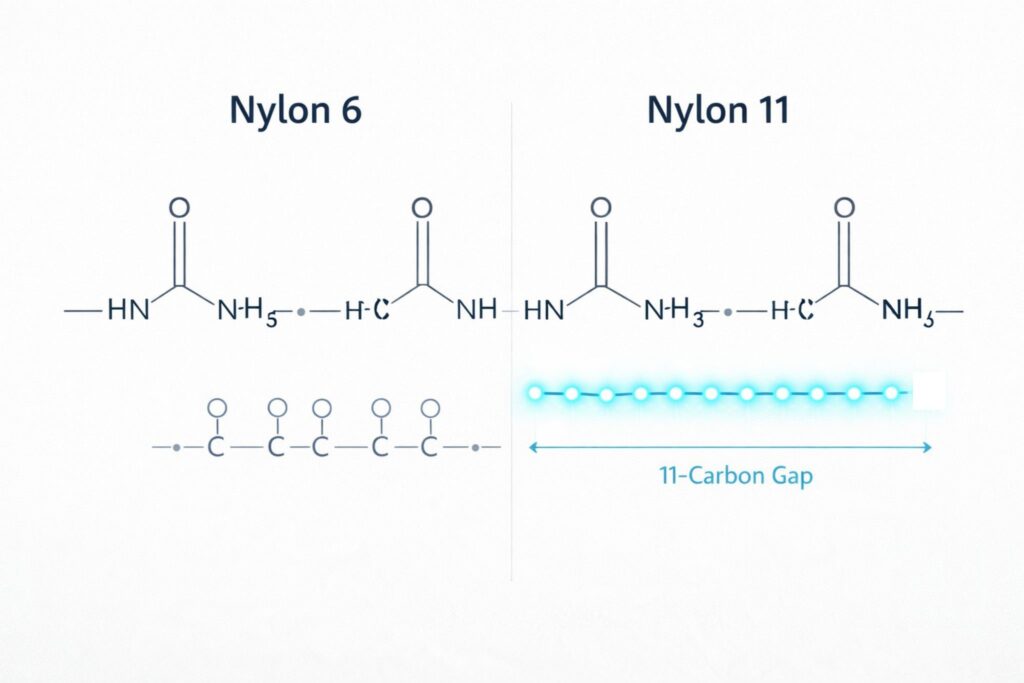 : Molecular diagram comparing Nylon 6 and Nylon 11 structures, showing the 11-carbon gap that provides PA11's low moisture absorption.