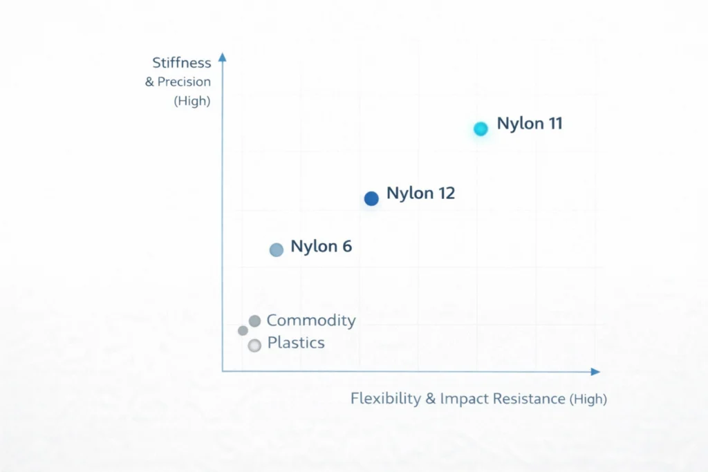 Engineering decision matrix chart comparing Nylon 11, Nylon 12, Nylon 6, and commodity plastics based on stiffness, precision, flexibility, and impact resistance.