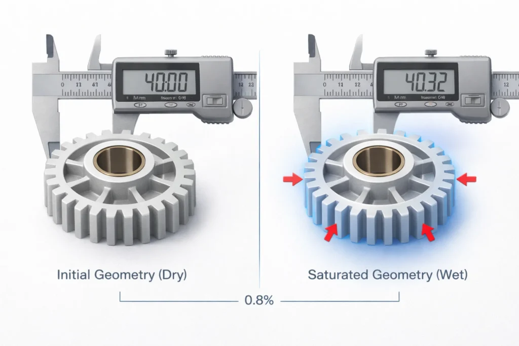 Infographic showing the dimensional swell of a Nylon gear from 0% to 8% moisture saturation; demonstrates the 0.8% growth that impacts engineering tolerances