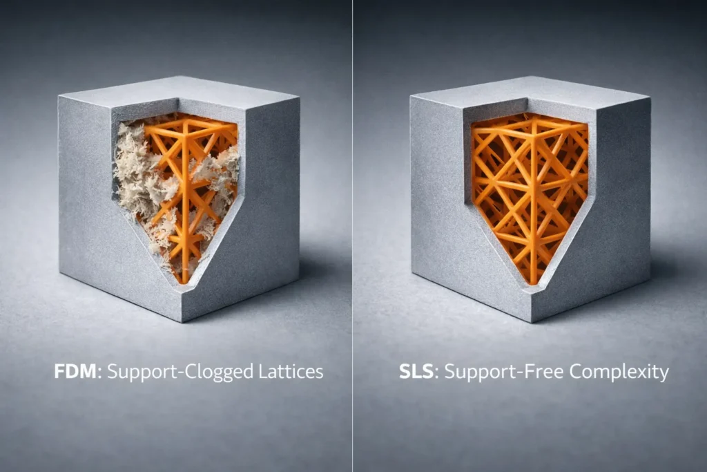 Image comparing a clean SLS internal lattice structure with an FDM lattice structure clogged by messy support material.