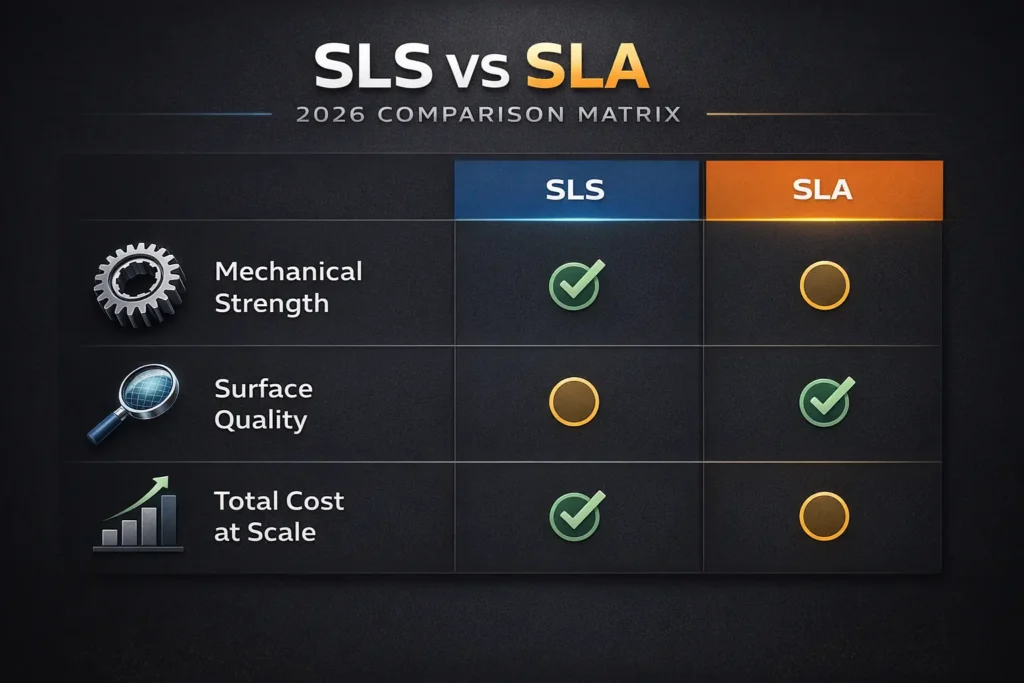 Infographic comparison matrix for SLS vs SLA 3D printing in 2026, showing SLS as the winner for mechanical strength and cost-at-scale, and SLA as the winner for surface precision and visual detail.