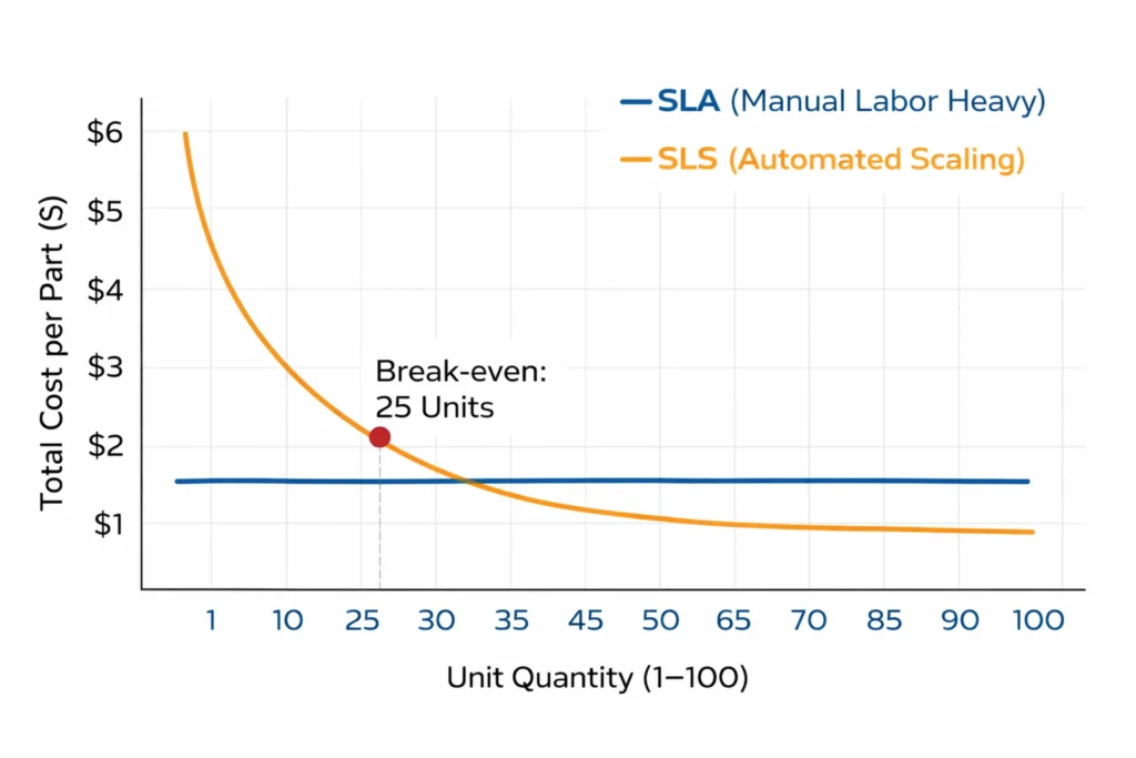 Economic break-even graph for 3D printing: SLS vs SLA cost per part comparison showing SLS becoming cheaper after 25 units due to reduced labor.
