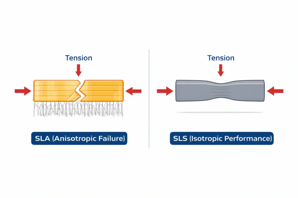 Technical diagram comparing SLA brittle failure along layer lines vs SLS ductile bending, illustrating isotropic vs anisotropic mechanical properties.