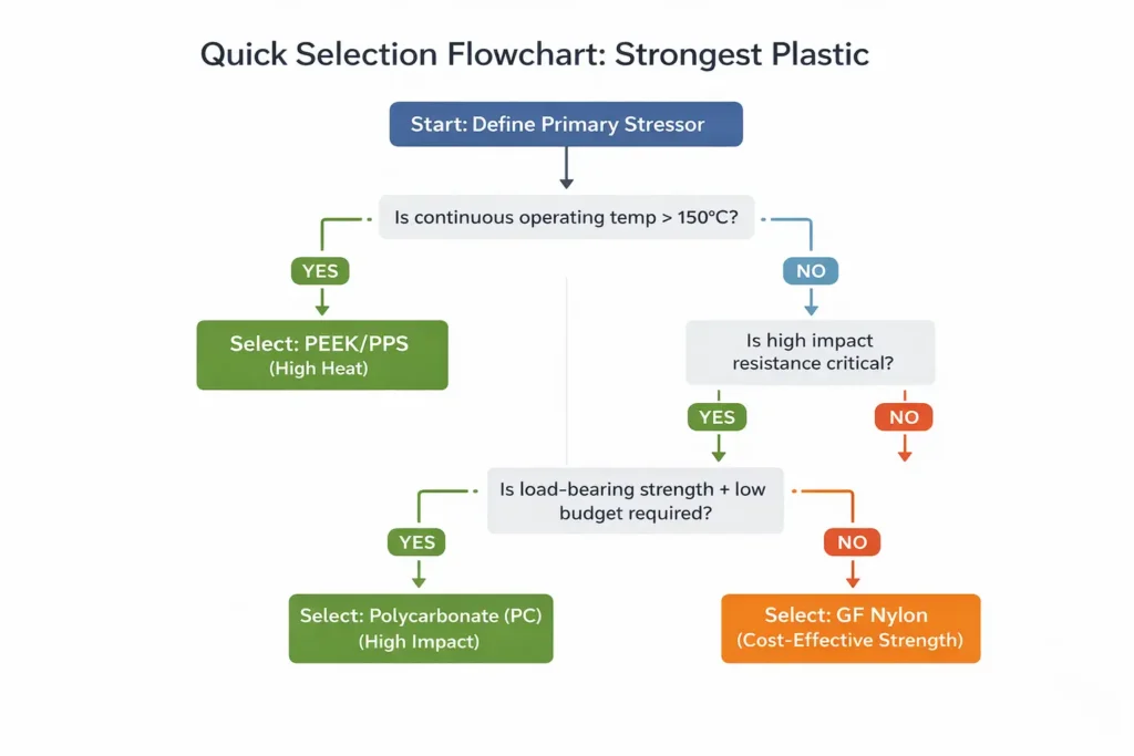 Flowchart guide for selecting the strongest plastic based on operating temperature, impact needs, and budget (PEEK, PC, GF Nylon).