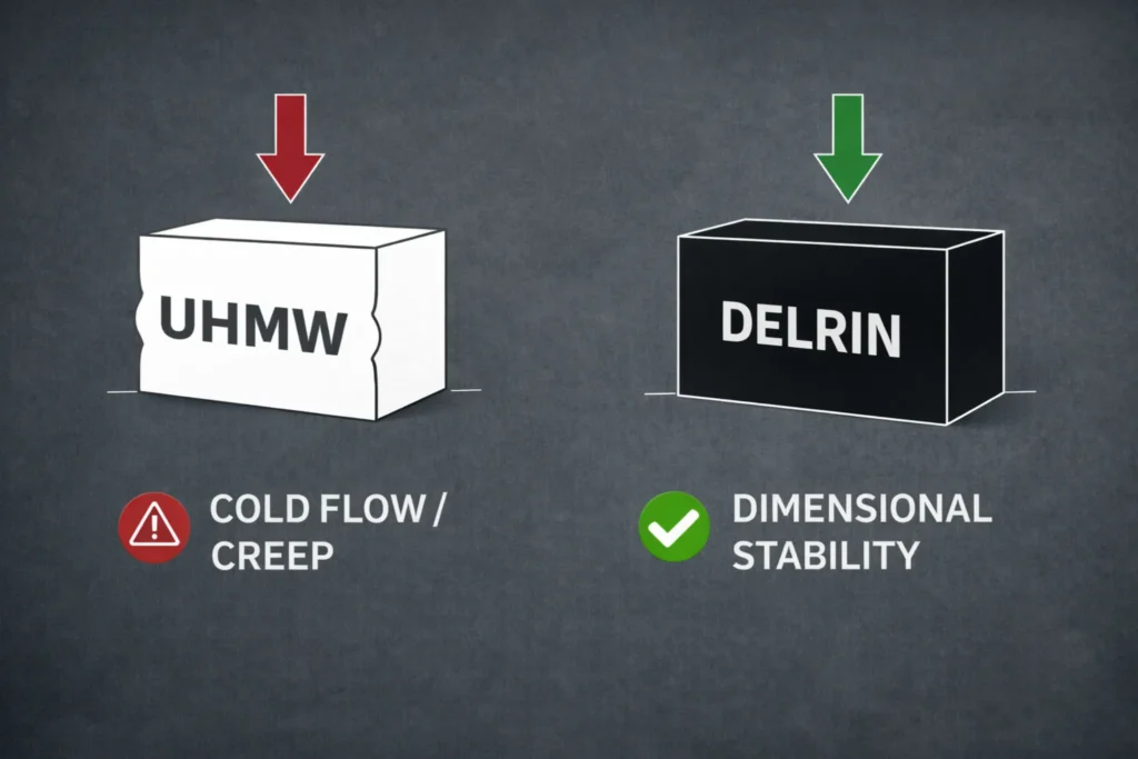 Side-by-side failure diagram showing UHMW cold flow bulging vs Delrin dimensional stability under load