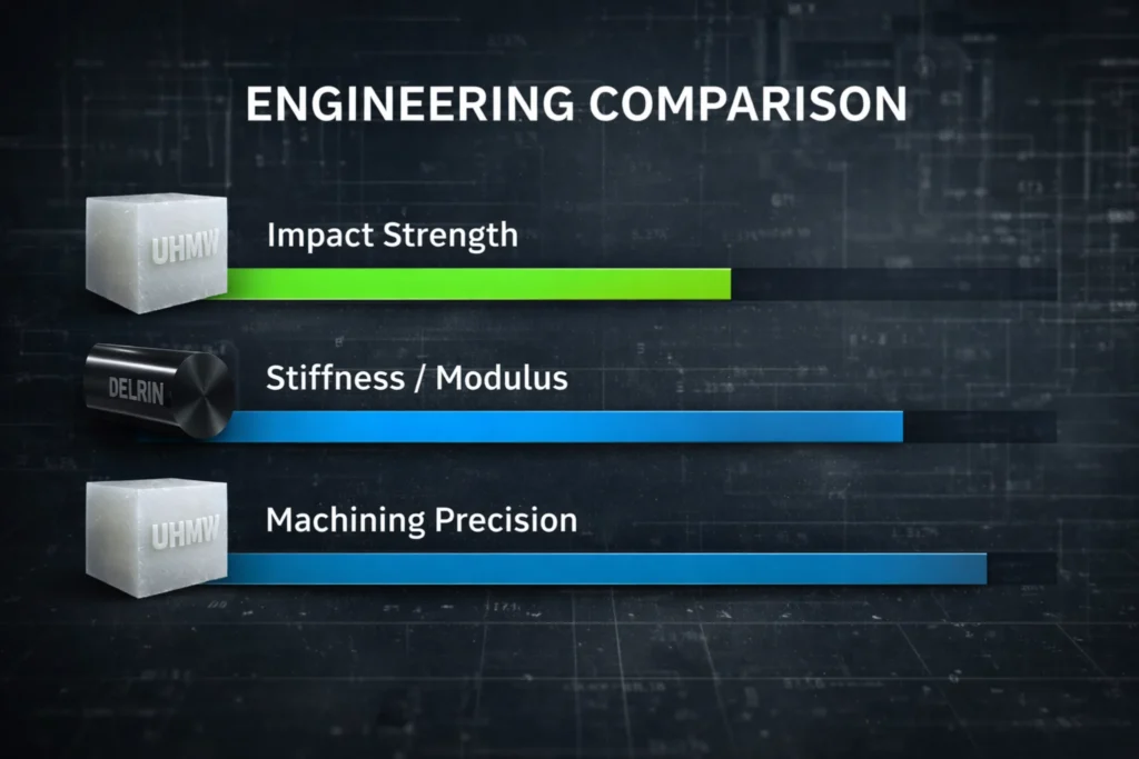 Use: "Side-by-side engineering comparison chart of UHMW impact strength vs Delrin machining precision and stiffness.