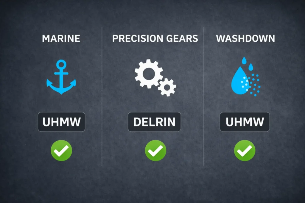 Industrial decision matrix for plastic selection showing UHMW for marine and washdown use vs Delrin for precision gears.