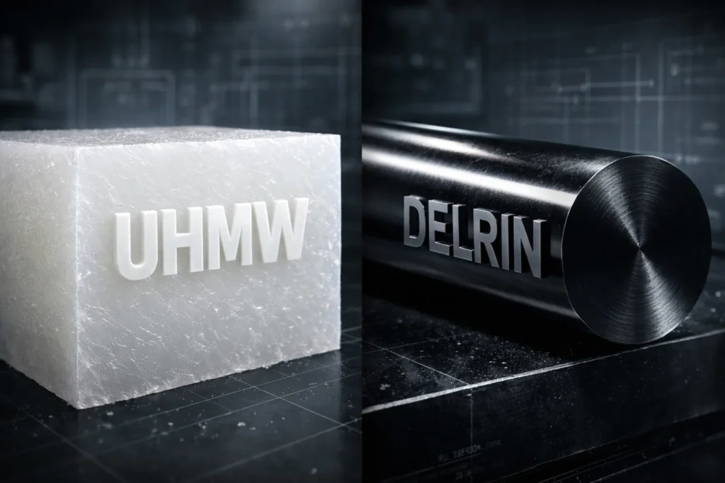 Side-by-side comparison of UHMW and Delrin industrial plastic rods showing waxy impact-resistant texture vs clean-cut precision machined finish.