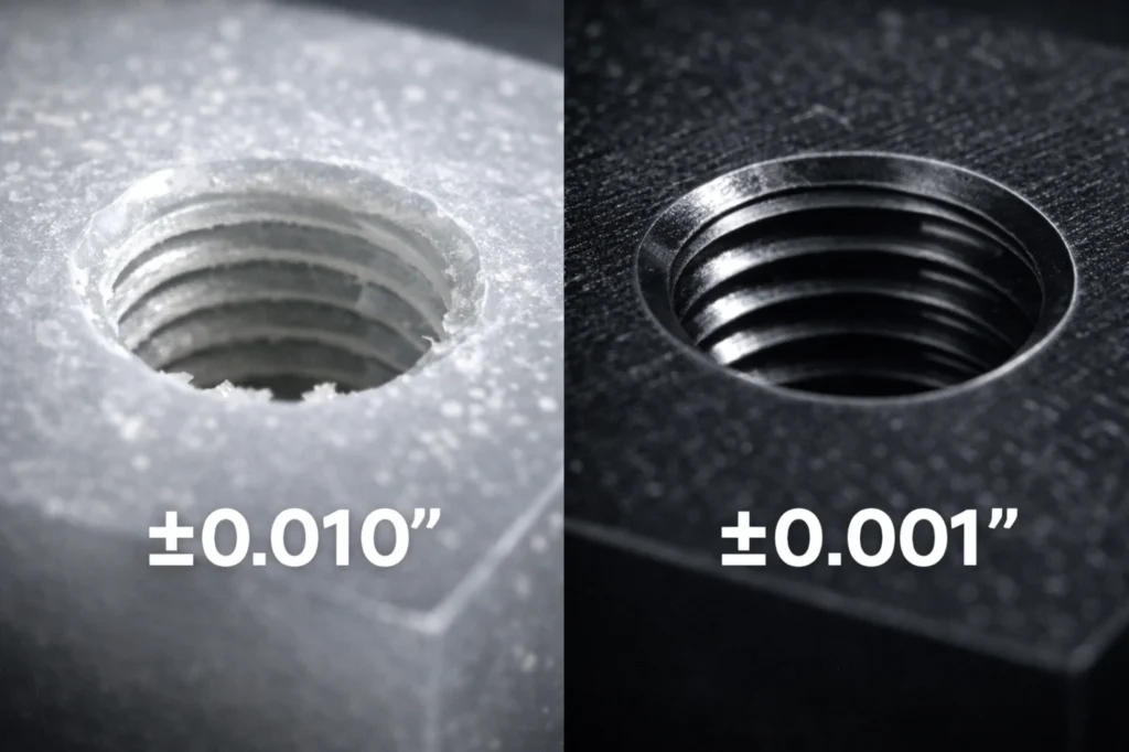 Macro comparison of threaded holes in UHMW and Delrin showing machining burrs and waxy smearing vs clean precision threads.