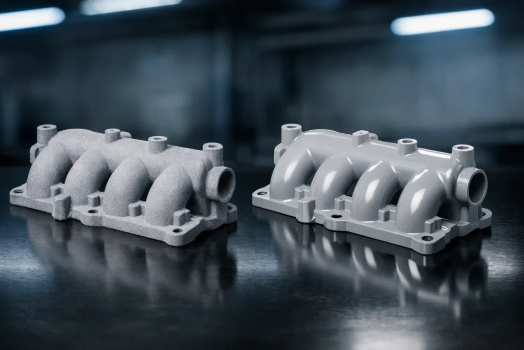 Comparison of raw SLS 3D printed nylon vs. vapor smoothed nylon showing surface roughness reduction and glossy finish.