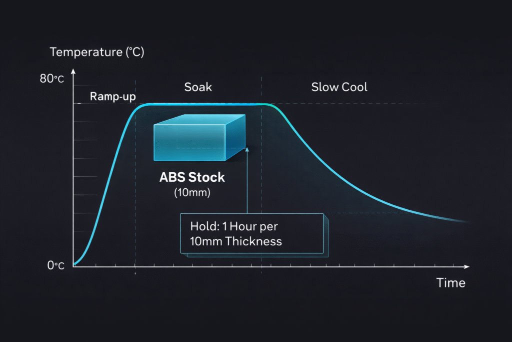 Technical infographic of the ABS annealing process showing temperature ramp-up, soak time, and slow cooling phases.