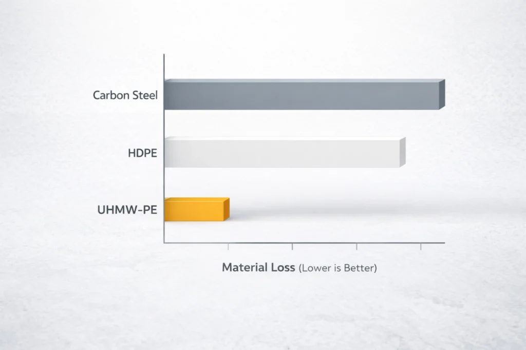 Horizontal bar chart comparing abrasion loss of Carbon Steel, HDPE, and UHMW; UHMW shows the lowest material loss.