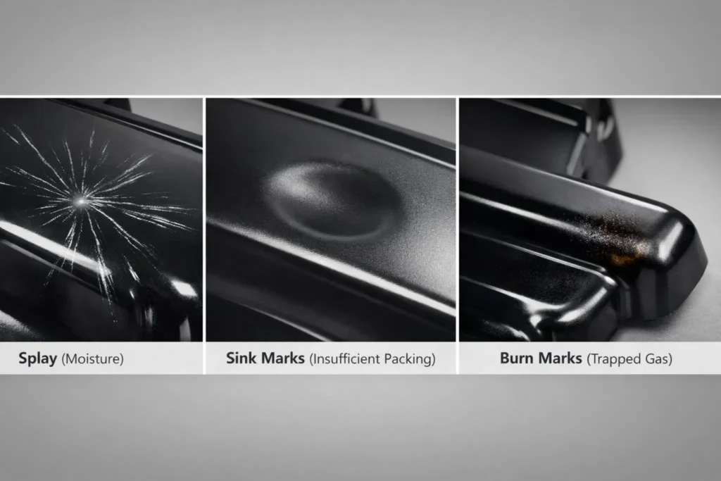 A three-panel comparison image of ABS plastic defects showing splay/silver streaks, sink marks/indentations, and burn marks/black charring.