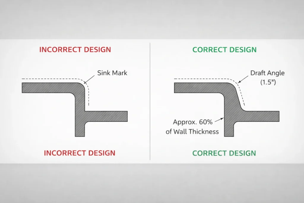 DFM diagram comparing incorrect ABS molding design (sharp corners, thick ribs) with correct design (radii, proper draft angles).