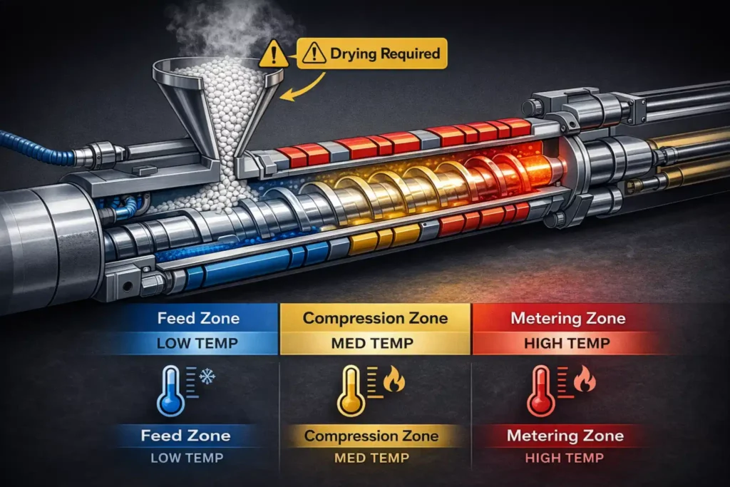Cross-section diagram illustrating the feed, compression, and metering temperature zones of an injection molding machine barrel, highlighting the need for drying.