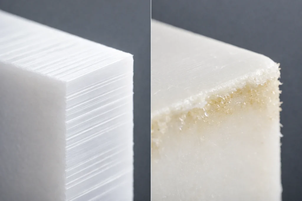 Macro comparison of CNC machined ABS: Left side shows clean edges of machine-grade stock; right side shows melted edges of injection molding-grade stock.