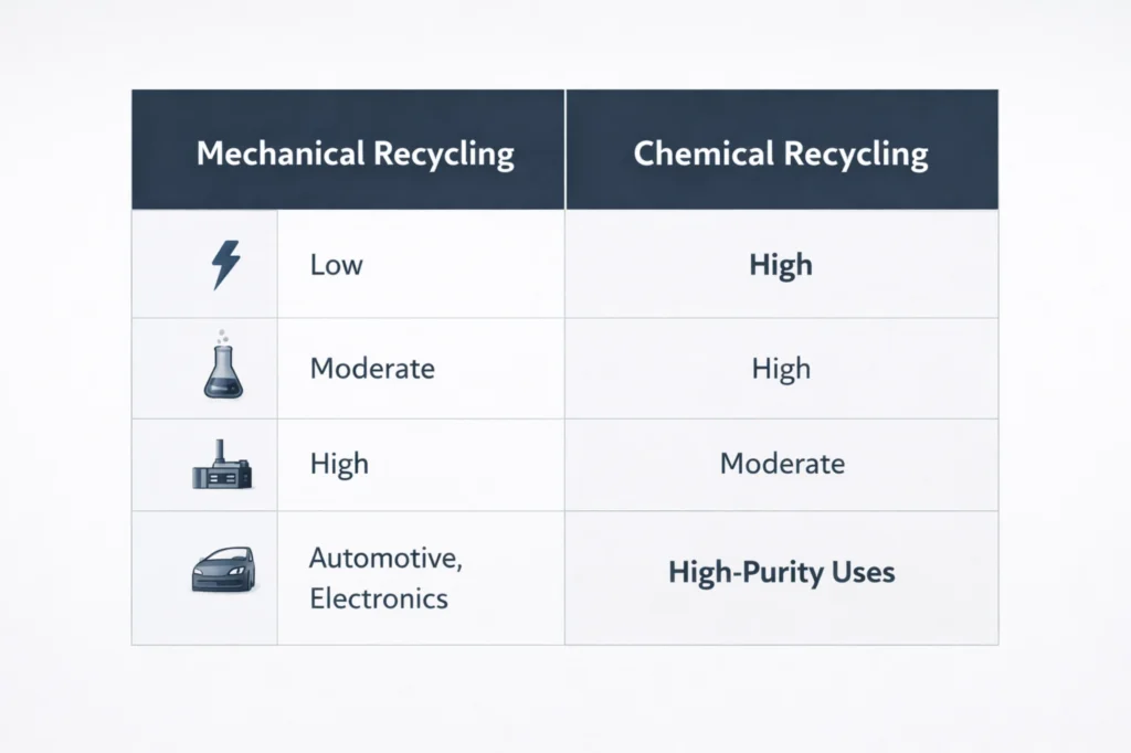 A comparison matrix table showing the differences between mechanical and chemical ABS recycling in terms of energy cost, purity levels, and industrial scalability.