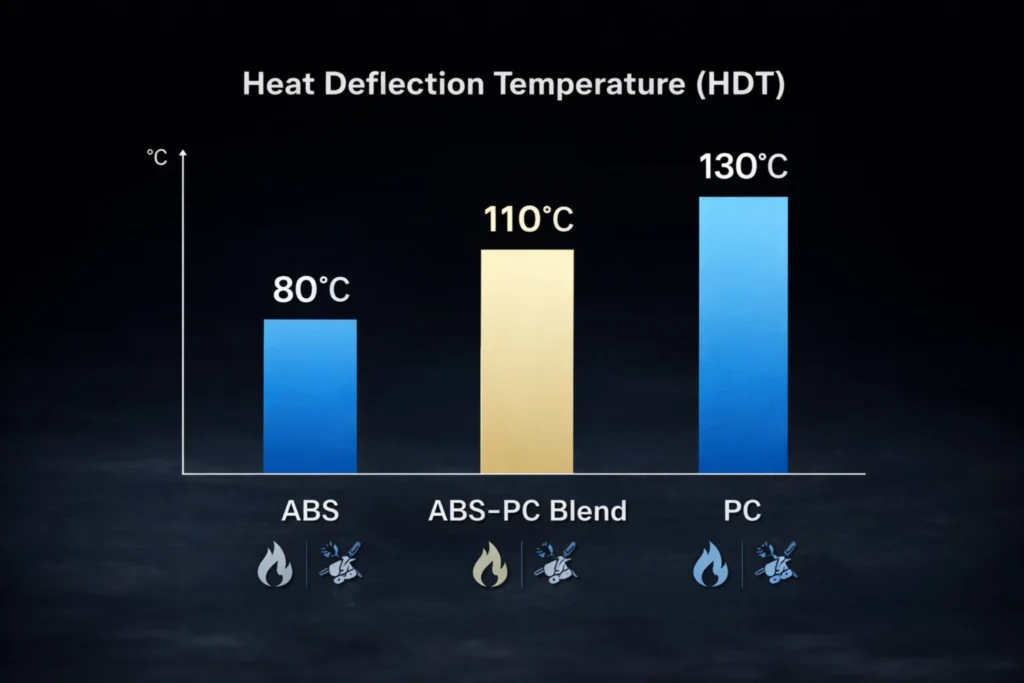 Bar chart infographic comparing the Heat Deflection Temperatures of ABS (80C), ABS-PC Blend (110C), and Polycarbonate PC (130C).