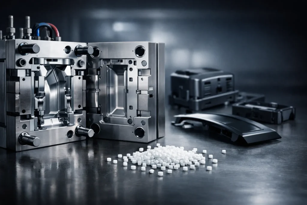 Professional ABS plastic injection molding tool and finished industrial parts showcase.