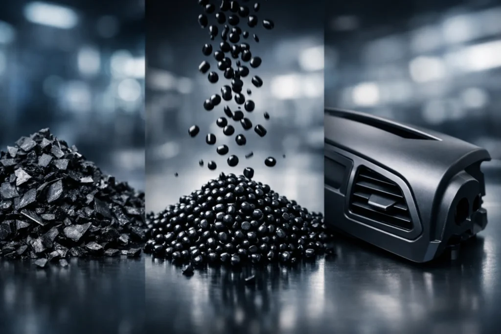 Industrial ABS plastic recycling process showing shredded regrind, black resin pellets, and a molded automotive part.