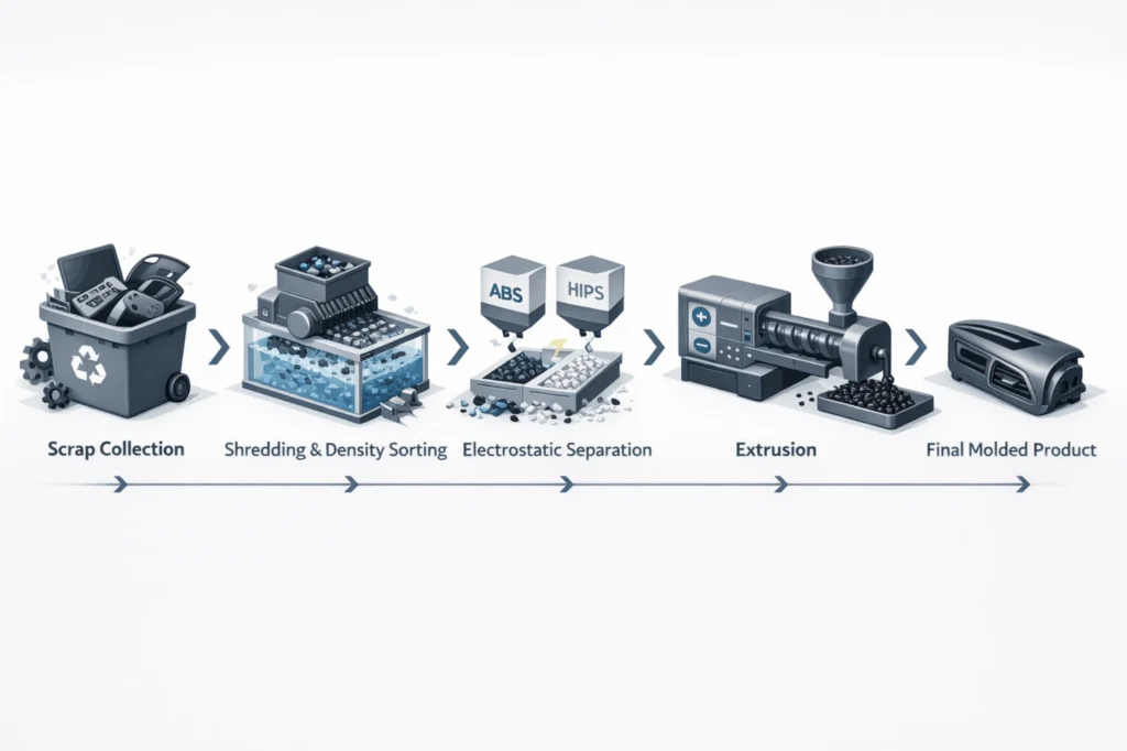 5-step industrial ABS plastic recycling workflow: Disassembly, Density Sorting, Electrostatic Separation, Extrusion, and Part Manufacturing.