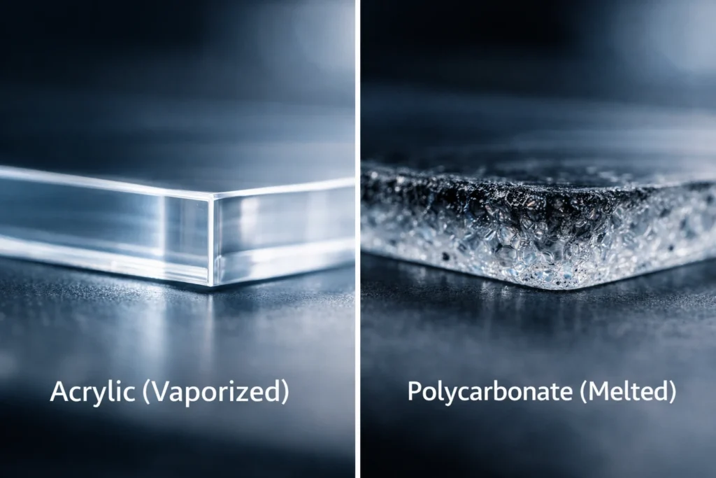 Macro comparison of a clear laser-cut acrylic edge versus a charred and melted polycarbonate edge.