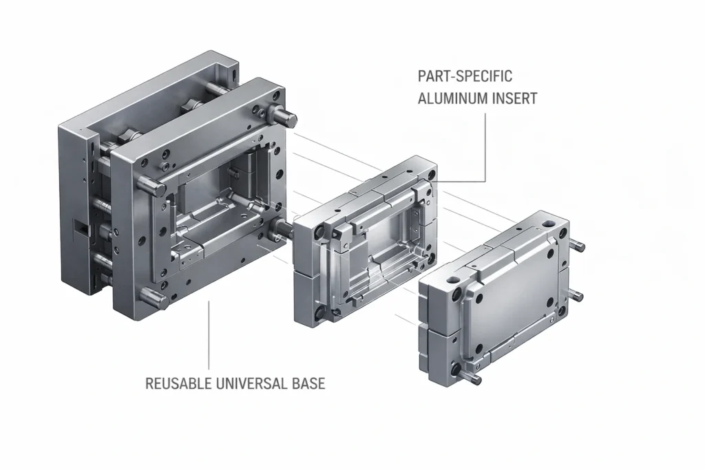 Technical 3D exploded view of a Master Unit Die (MUD) system showing reusable steel base and part-specific aluminum inserts for rapid molding.