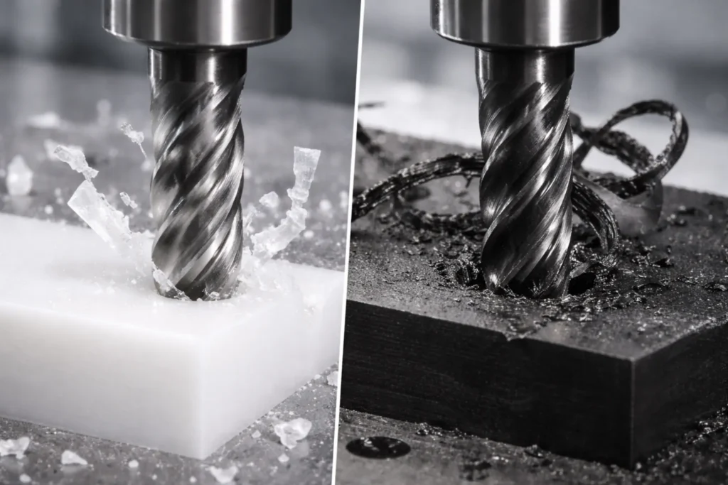 Macro comparison of CNC machining chips: brittle crystalline chips from Delrin versus gummy, stringy chips from ABS, illustrating machinability differences.