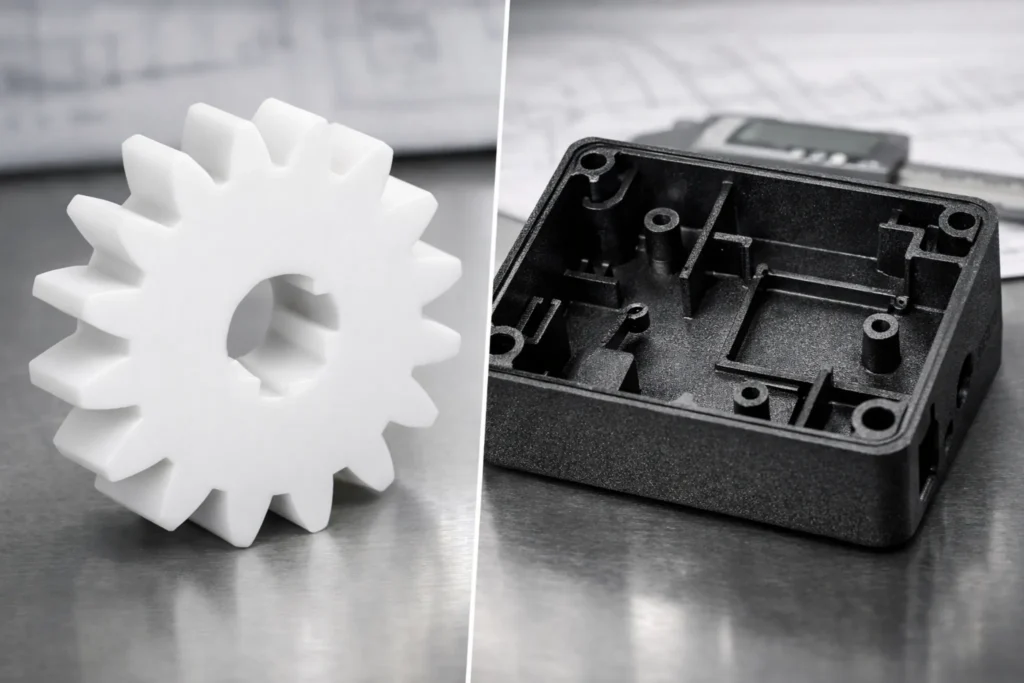 Side-by-side comparison of a white Delrin gear and a black ABS housing showing material texture and machining precision.