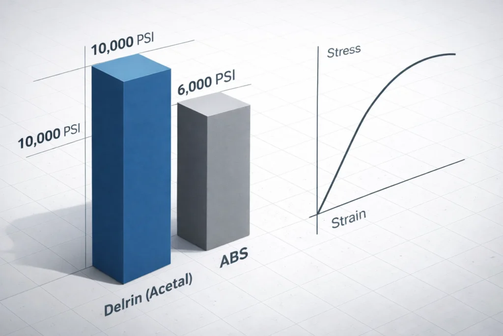 Technical bar chart comparing the 10,000 PSI tensile strength of Delrin Acetal against the 6,000 PSI strength of ABS plastic, featuring a stress-strain curve