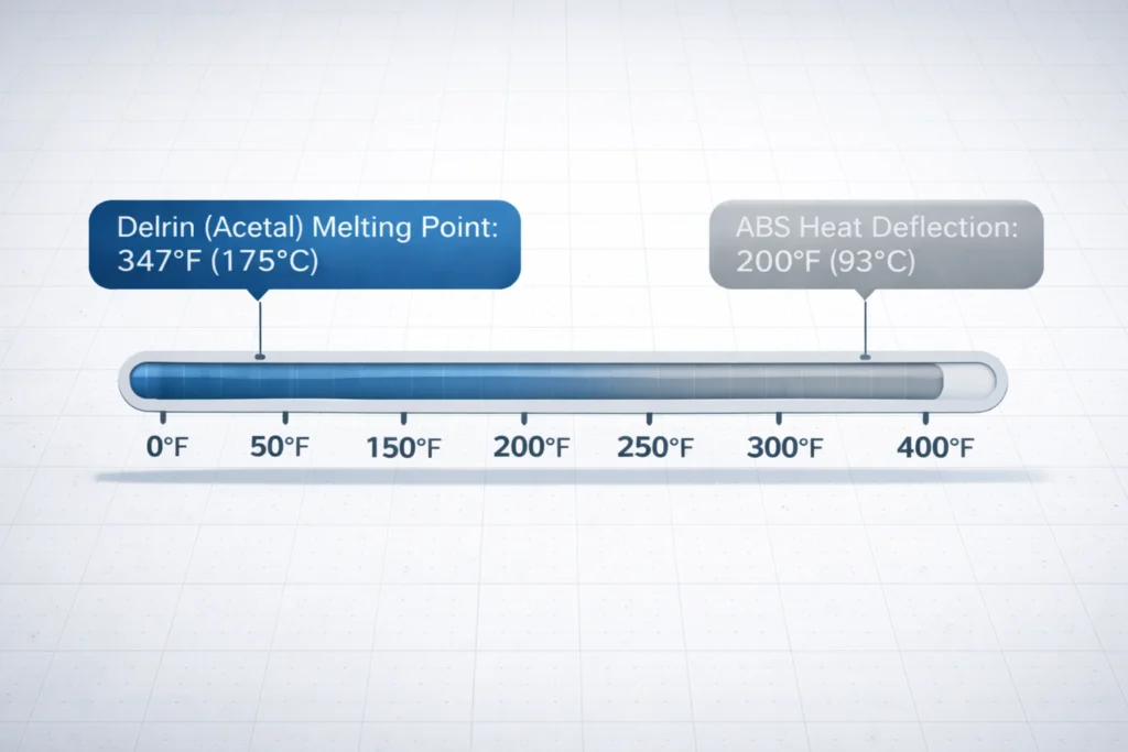 Temperature scale comparing the 347°F melting point of Delrin Acetal against the 200°F heat deflection point of ABS plastic for engineering risk assessment.
