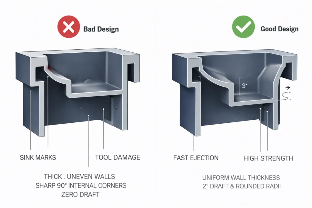 Side-by-side DFM comparison for injection molding: poor design with thick walls vs optimized design with uniform thickness and draft angles.