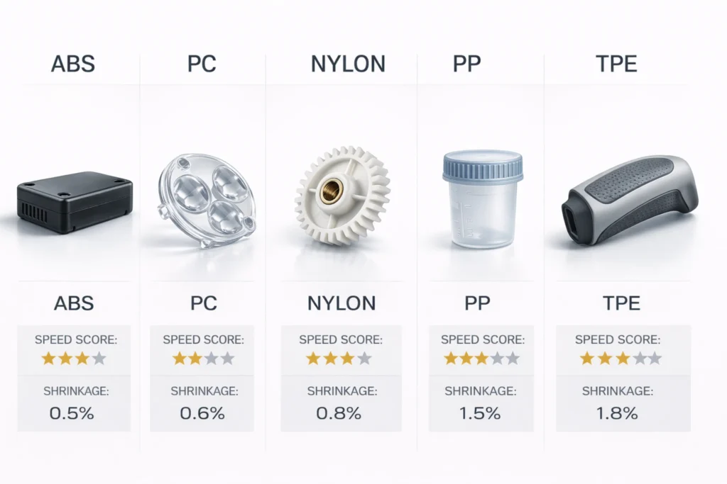 Injection molding material selection matrix: ABS, PC, Nylon, PP, and TPE parts compared by speed score and shrinkage rates.