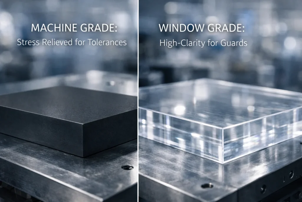 Side-by-side comparison of black Machine Grade polycarbonate for tolerances and clear Window Grade polycarbonate for visibility.