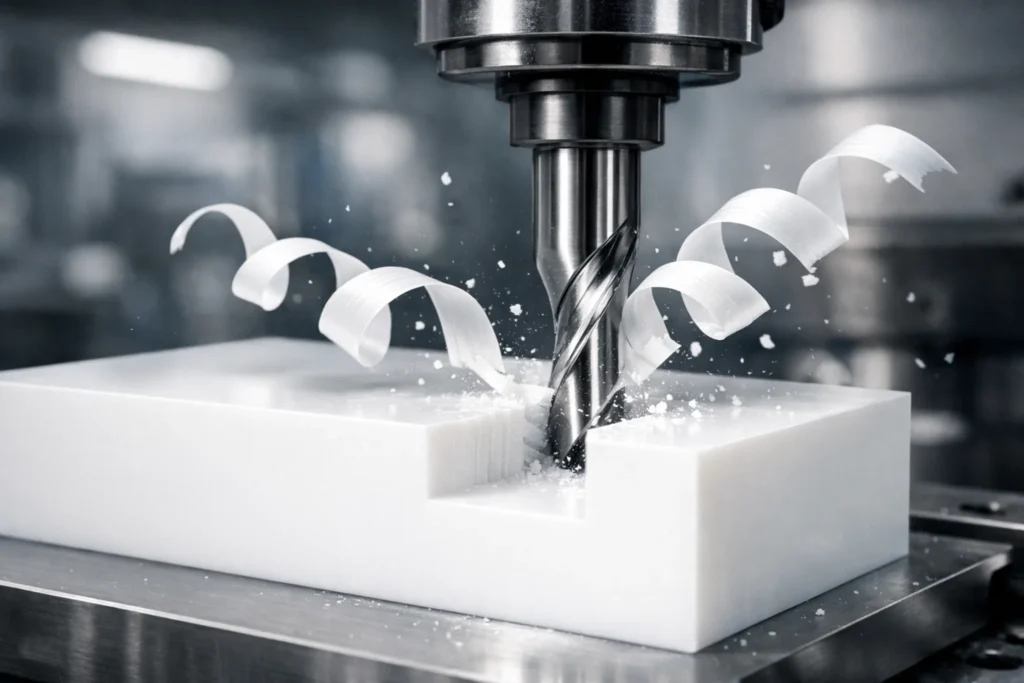 Close-up of a CNC machine-grade ABS plastic block being cut by a single-flute carbide end mill with clean chip evacuation.