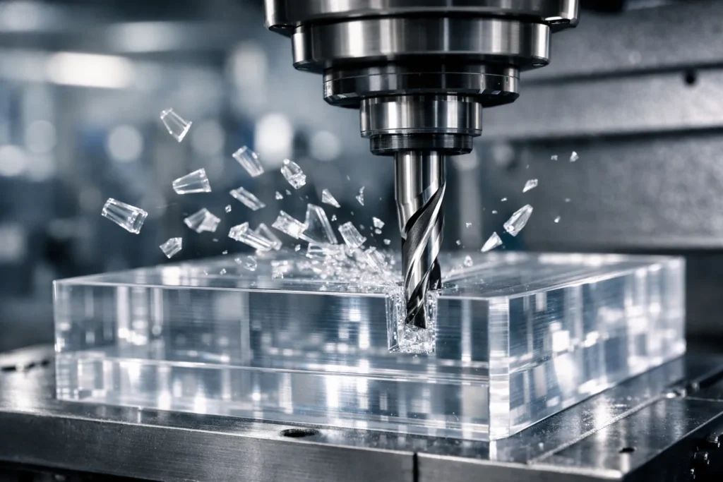 High-precision CNC milling of a clear polycarbonate block showing clean chip evacuation and optical clarity