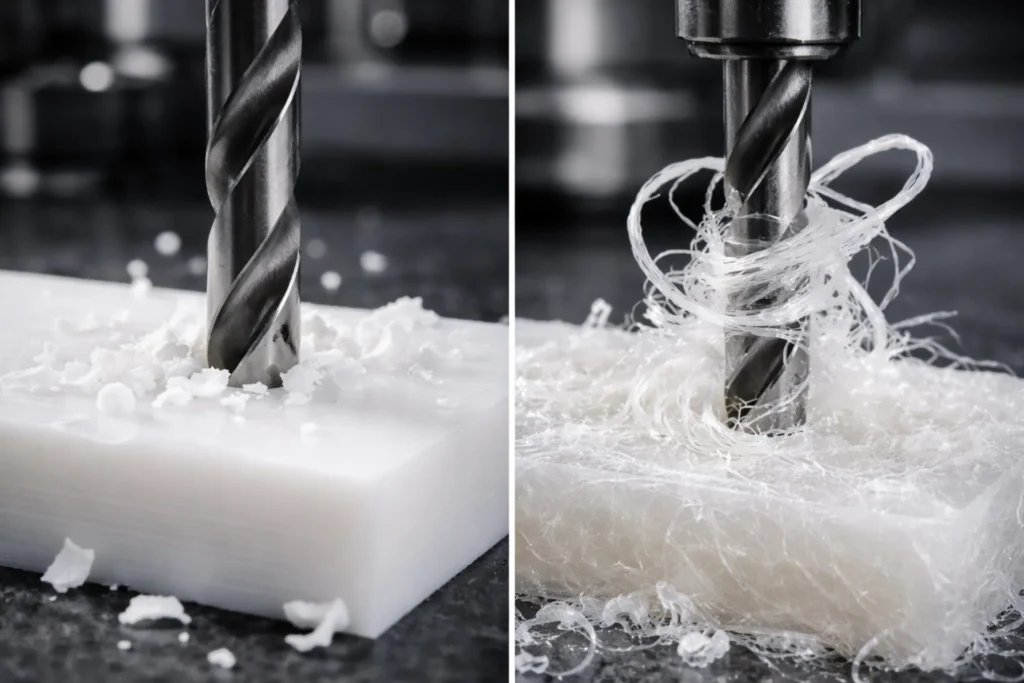 Macro comparison of HDPE producing clean chips vs UHMW producing stringy elastic shavings during drilling.