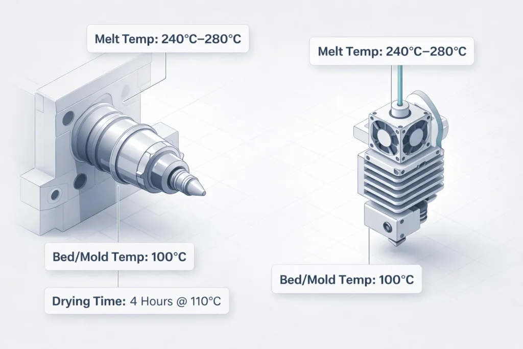 Technical processing blueprint for PC-ABS showing recommended melt temperatures (240-280°C), mold/bed temperatures (100°C), and 4-hour drying requirements.