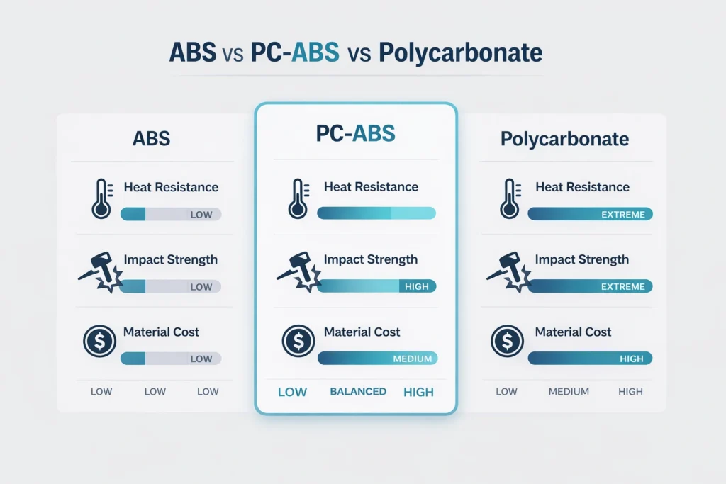 Technical comparison chart of PC-ABS vs Polycarbonate and ABS showcasing heat resistance, impact strength, and cost-performance balance.