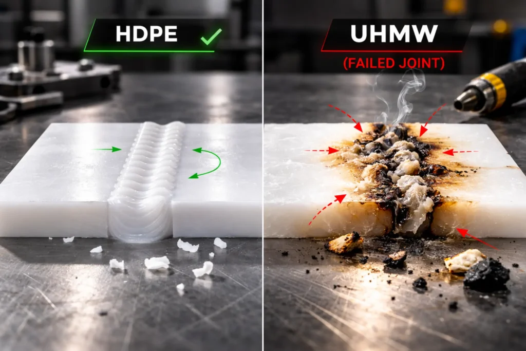 Side-by-side comparison of a successful HDPE plastic weld and a failed, charred UHMW joint attempt.