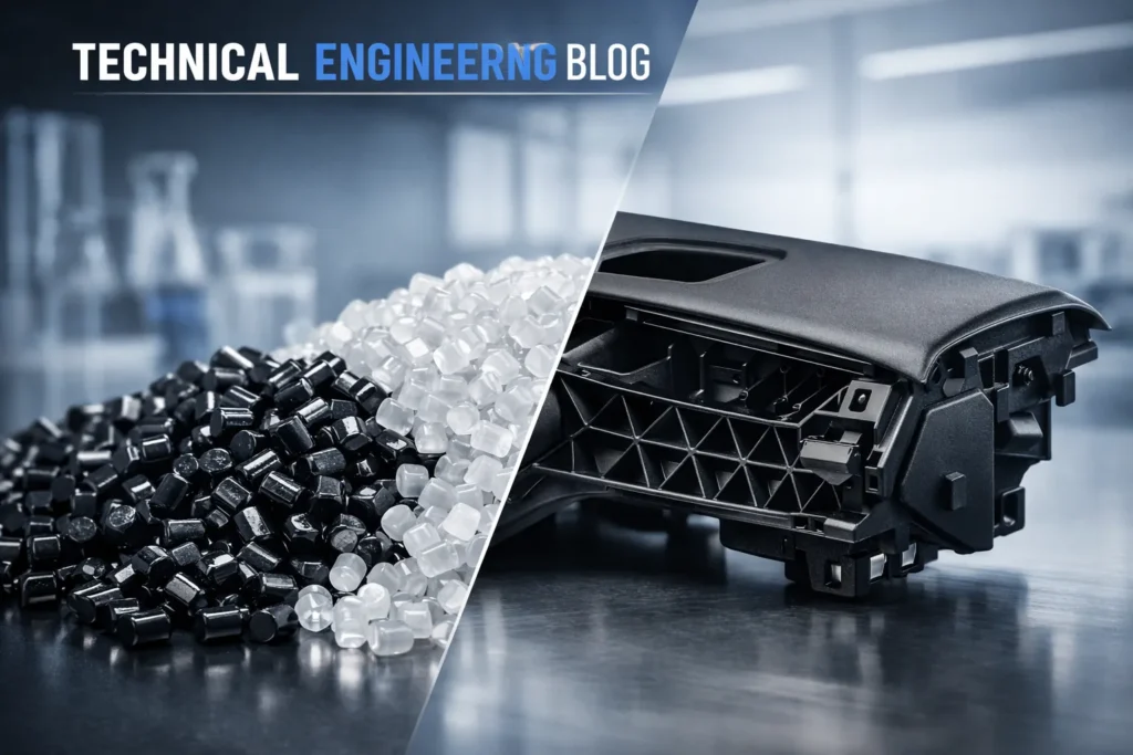 Macro view of PC-ABS thermoplastic pellets and a finished automotive component showing high-impact resistance and thermal stability.