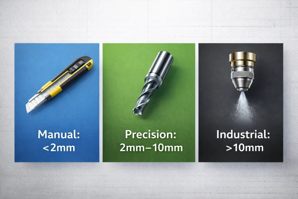 Comparison table of polycarbonate cutting tools: Utility knife for under 2mm, CNC for 2mm-10mm, and Waterjet for over 10mm.
