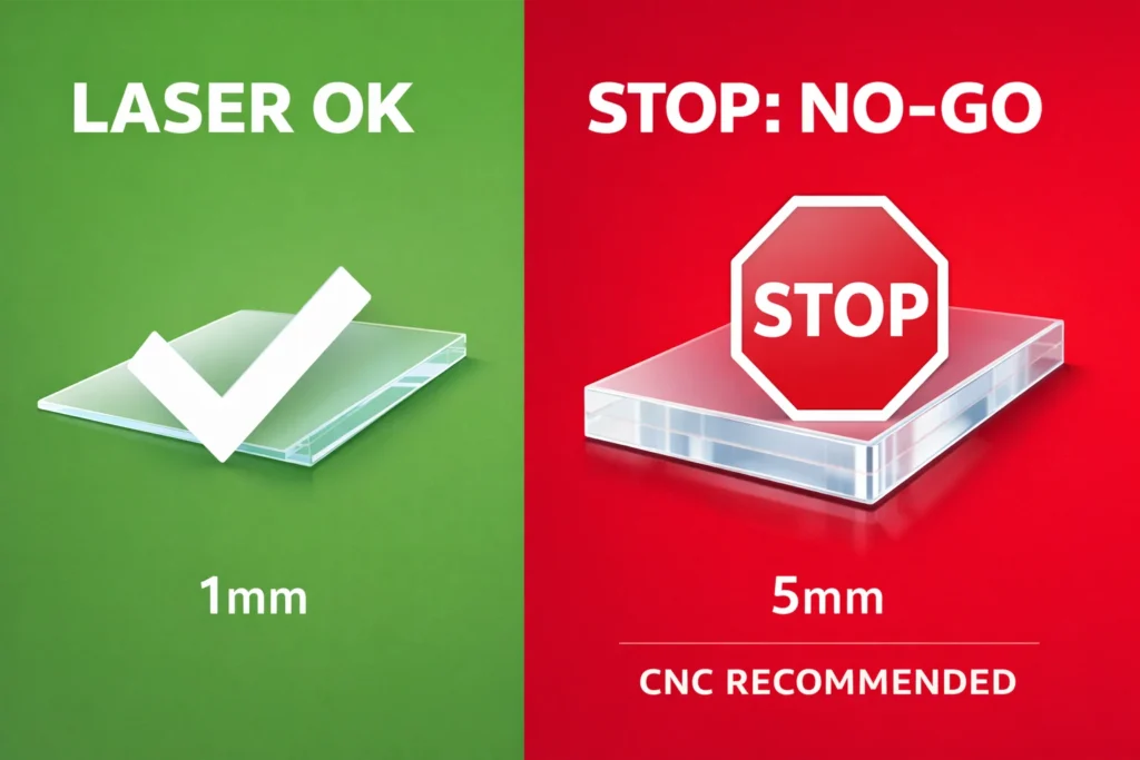 Infographic showing 1mm polycarbonate is safe for laser cutting, but 5mm requires CNC routing.