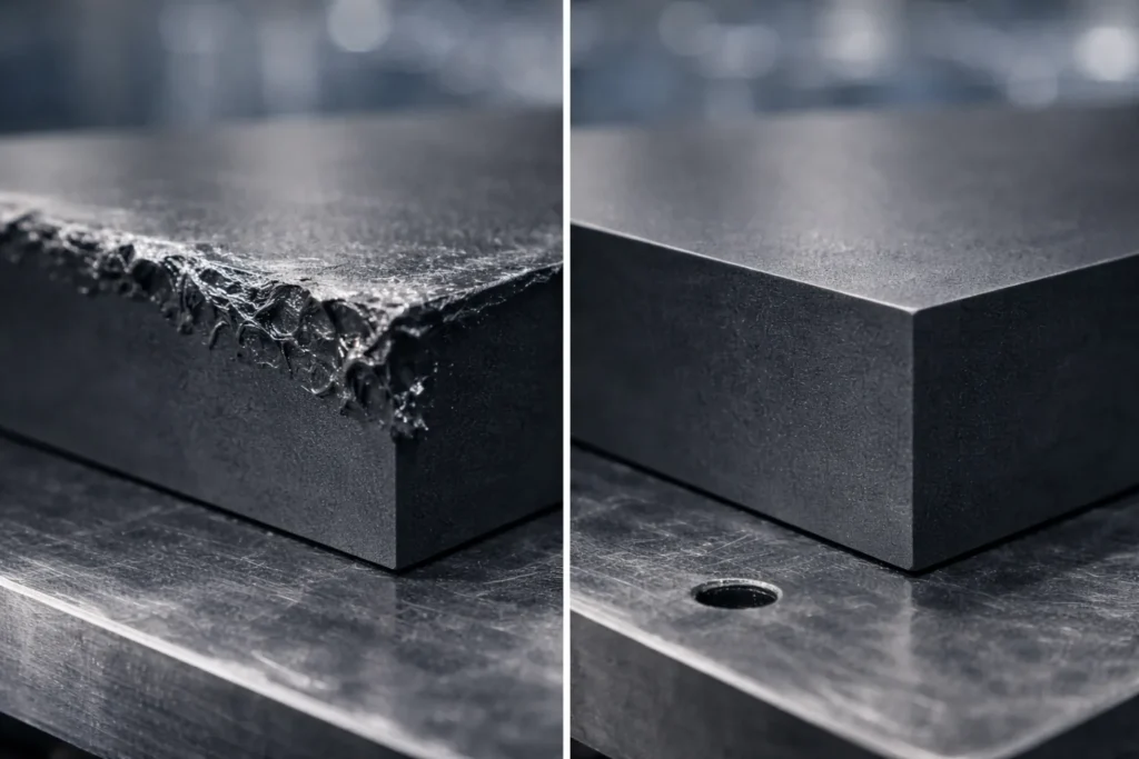 Visual comparison showing a melted, smeared edge (machining failure) next to a clean, sharp edge (machining success) on polycarbonate.