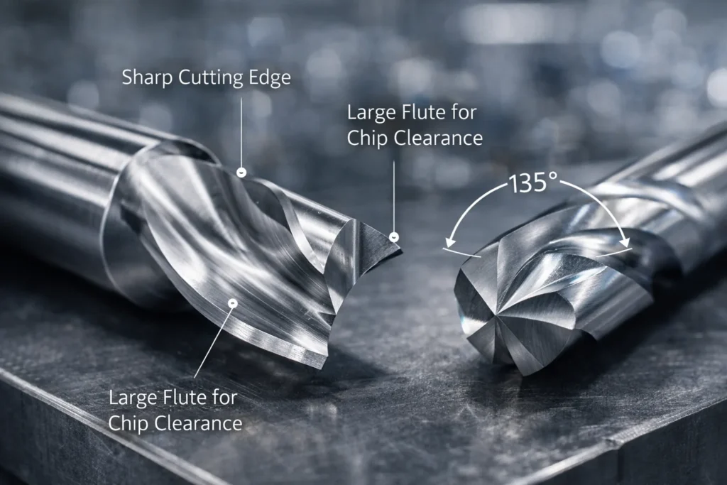 Macro shot of a single-flute end mill and a 135-degree drill bit, showing optimal geometry for machining polycarbonate plastics.