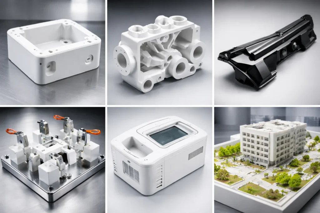 Gallery of typical machined ABS applications, including electronic enclosures, fluid manifolds, automotive prototypes, and industrial fixtures.