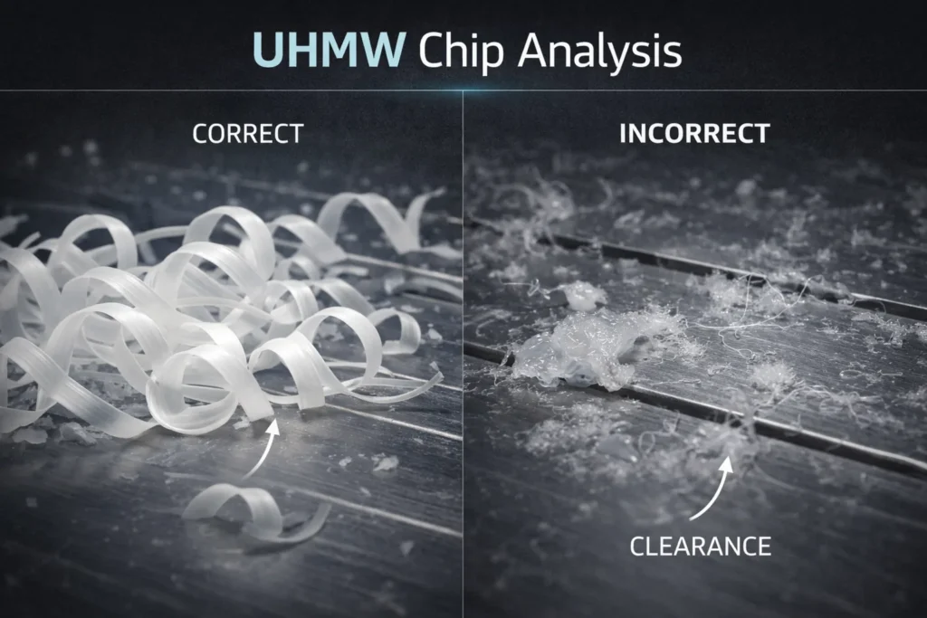 Side-by-side comparison of UHMW chips: long white spirals indicating correct speeds vs melted globs indicating dull tools or high heat.