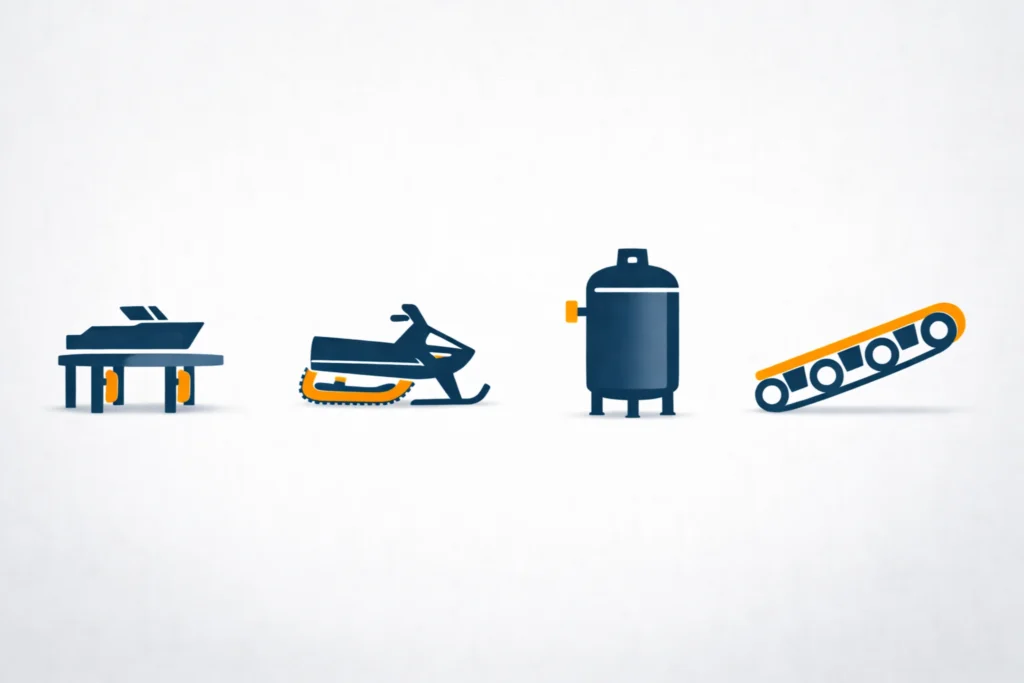 Industrial icons for marine docks, snowmobiles, chemical tanks, and conveyors—key applications for UHMW and HDPE.