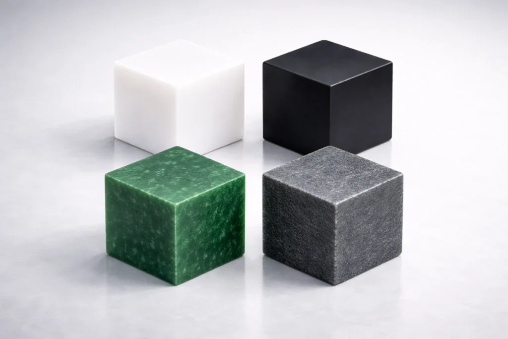 A visual guide to UHMW plastic grades showing Natural White Virgin, Black UV-Stabilized, Green Reprocessed, and Grey Glass-Filled blocks.